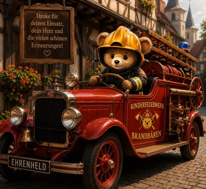 Der Brandbär fährt ein historisches Feuerwehrauto; daneben steht: Danke für deinen Einsatz, dein Herz und die vielen schönen Erinnerungen!